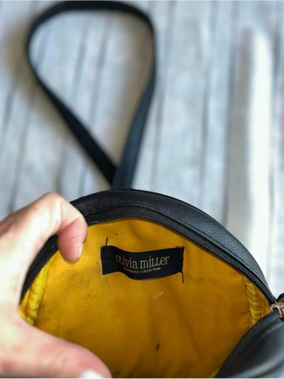 Olivia Miller Yellow Heart-Eyes Emoji Round Crossbody Bag with Black Trim